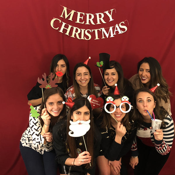 Red Backdrop for Photo Booth friends posing with props