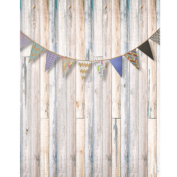 bleached wood backdrop with bunting flags for phtoography