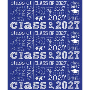 Blue graduation backdrop with repeating white Class of 2027 typography in mixed lettering styles, graduation caps, diploma icons, and decorative flourishes.