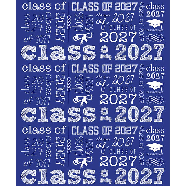 Blue graduation backdrop with repeating white Class of 2027 typography in mixed lettering styles, graduation caps, diploma icons, and decorative flourishes.