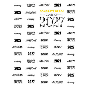 White graduation backdrop with black 2027, Congrats Grad, Awesome, Bravo, and Hooray lettering, centered Class of 2027 design, and a yellow Congrats Grad headline.