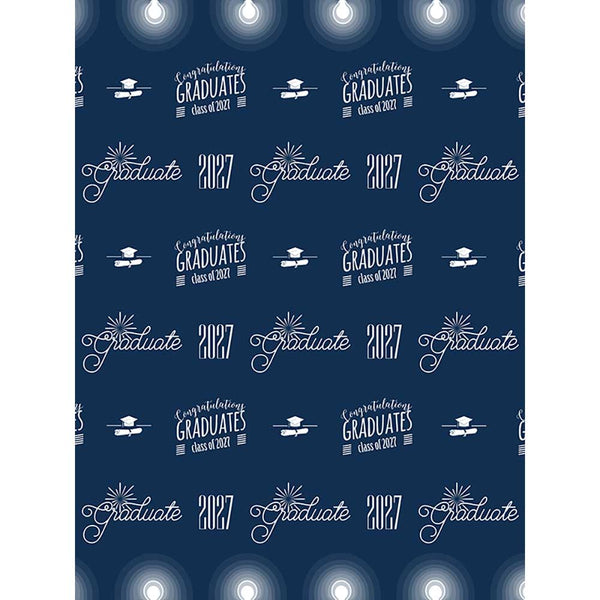 Navy blue graduation backdrop with repeating white Graduate and Class of 2027 lettering, graduation cap and diploma graphics, congratulatory text, decorative bursts, and glowing lights along the top and bottom.
