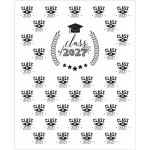 White graduation backdrop with repeating black Class of 2027 lettering surrounding a central Class of 2027 design with a graduation cap, laurel branches, decorative burst, and five stars.
