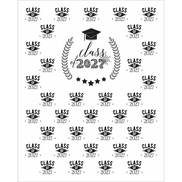 White graduation backdrop with repeating black Class of 2027 lettering surrounding a central Class of 2027 design with a graduation cap, laurel branches, decorative burst, and five stars.