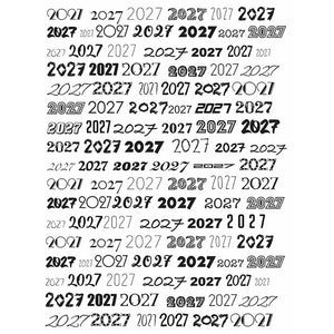 White graduation backdrop covered with repeating black and gray 2027 numbers in a variety of bold, script, outlined, decorative, and modern lettering styles.