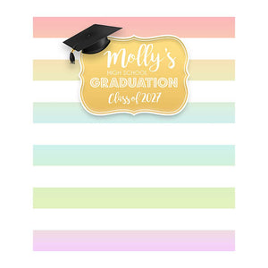 Graduation backdrop with wide pastel pink, yellow, aqua, green, and lavender horizontal stripes, a gold decorative plaque reading Molly's High School Graduation Class of 2027, and a black graduation cap with tassel.