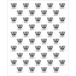 White graduation backdrop with a repeating pattern of black Class of 2027 lettering arranged in evenly spaced rows.