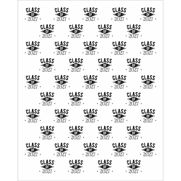 White graduation backdrop with a repeating pattern of black Class of 2027 lettering arranged in evenly spaced rows.