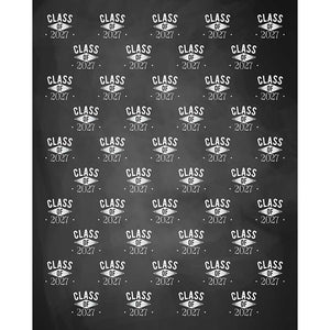 Black chalkboard-style graduation backdrop with a repeating pattern of white Class of 2027 lettering arranged in evenly spaced rows.
