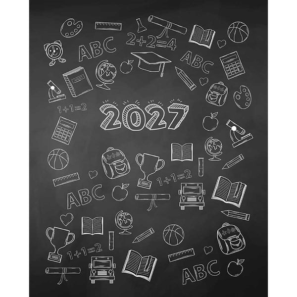 Black chalkboard-style graduation backdrop with large white 2027 lettering surrounded by school doodles including a graduation cap, books, pencils, globes, backpacks, trophies, calculators, apples, rulers, microscopes, basketballs, and other classroom symbols.