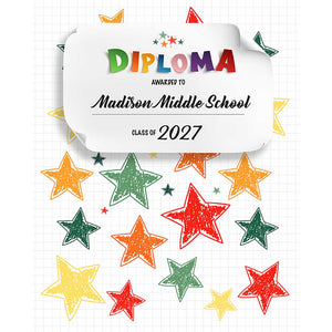 White grid graduation backdrop with colorful hand-drawn stars and a large diploma certificate reading Diploma Awarded to Madison Middle School, Class of 2027.