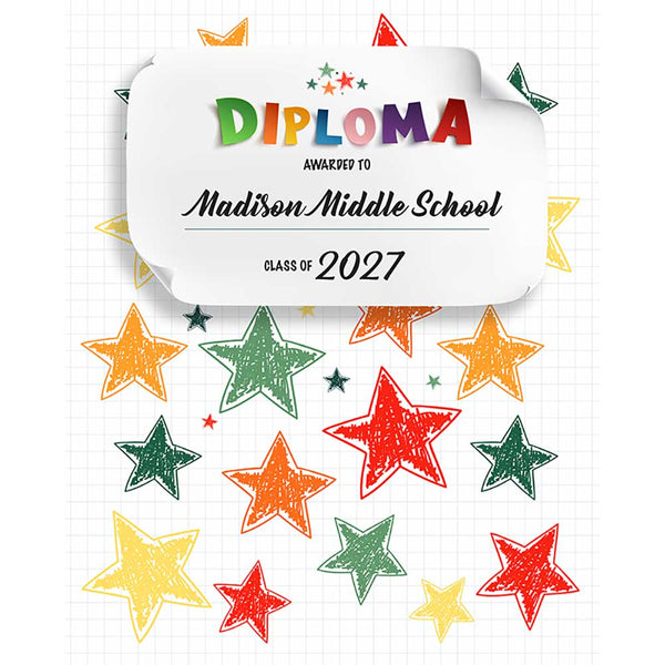 White grid graduation backdrop with colorful hand-drawn stars and a large diploma certificate reading Diploma Awarded to Madison Middle School, Class of 2027.