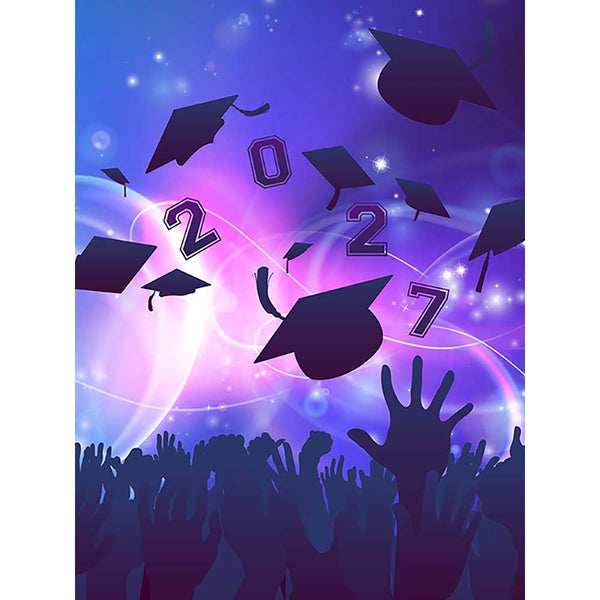 Purple and blue graduation backdrop with glowing light effects, silhouetted graduation caps tossed through the air, 2027 numbers, and a crowd of raised hands celebrating below.