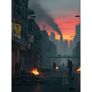 Dystopian city street Halloween backdrop featuring eerie sunset skies, burning rubble, radiation warning signs, and wandering zombies—perfect for horror-themed photo shoots and cinematic scenes.