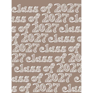 Taupe graduation backdrop covered with oversized repeating white Class of 2027 lettering in a textured hand-drawn style.