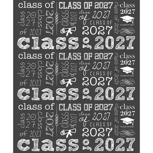 Dark gray graduation backdrop with repeating white Class of 2027 typography in mixed lettering styles, graduation caps, diploma icons, and decorative flourishes.
