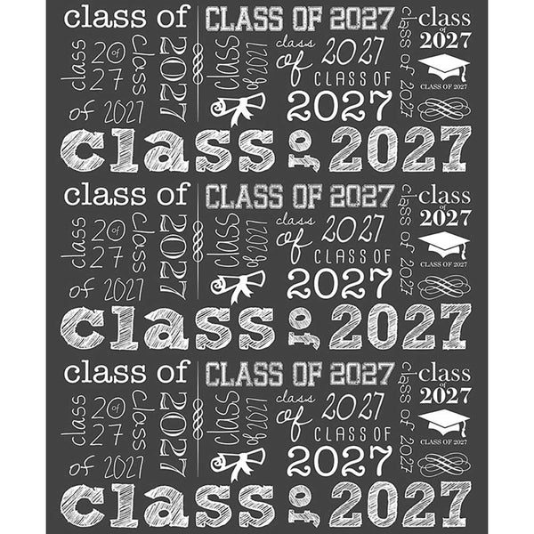 Dark gray graduation backdrop with repeating white Class of 2027 typography in mixed lettering styles, graduation caps, diploma icons, and decorative flourishes.