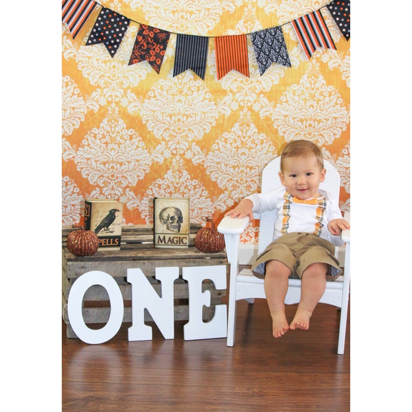 Orange/White Grunge Damask Printed Backdrop