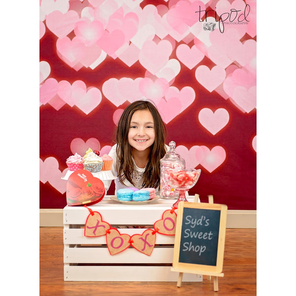 Pink Hearts on Red Bokeh Printed Backdrop