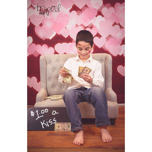 Pink Hearts on Red Bokeh Printed Backdrop