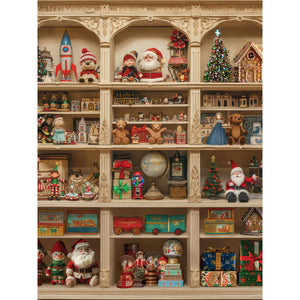 Decorative shelves with Christmas-themed figurines and ornaments