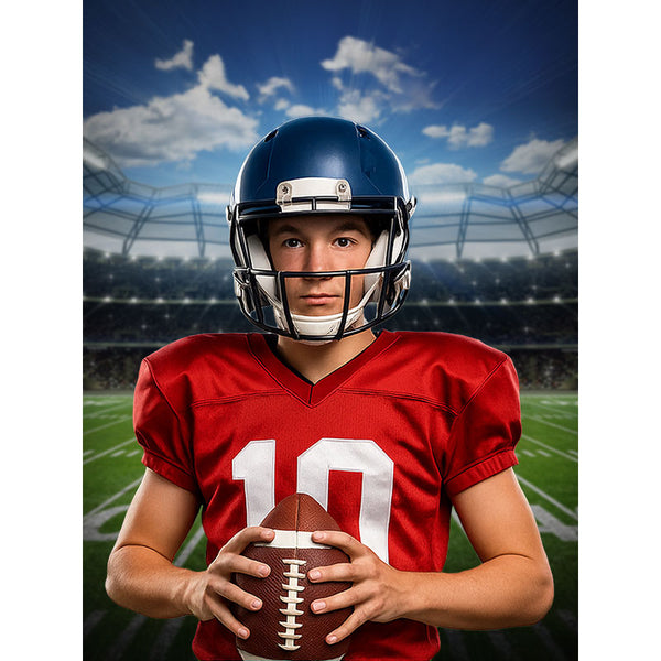 Young male football player in red jersey and blue helmet holding a football, standing in front of a realistic printed football stadium backdrop designed for sports-themed photography sessions.