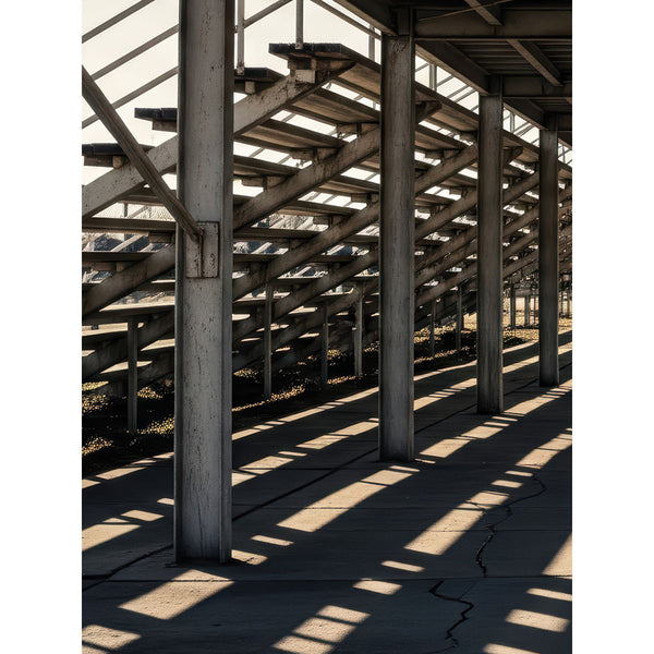Photography backdrop featuring the geometric shadows and structural lines beneath stadium bleachers—ideal for sports-themed portraits, senior photos, and urban-style editorial shoots.