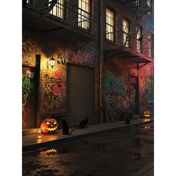 Urban alley Halloween backdrop featuring glowing jack-o’-lanterns, graffiti-covered brick walls, and black cats with eerie eyes—ideal for spooky seasonal photography sessions.